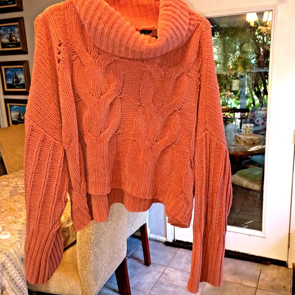 Moon & Madison Women’s Size L Orange Cable Knit Chenille Cowl Neck Sweater Warm